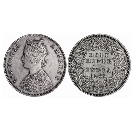 Victoria Empress, Silver, Half Rupee, 1886, Calcutta Mint, A/I, 'C' incused, Ghost on rev,