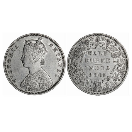 Victoria Empress, Silver, Half Rupee, 1888, Bombay Mint, A/II(i), No mint mark, w/o 'B' ma