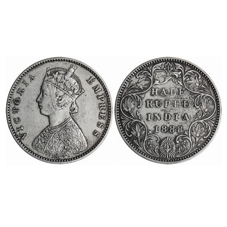 Victoria Empress, Silver, Half Rupee, 1888, Bombay Mint, A/II(i), 'B' raised, Big 'B'. GK 
