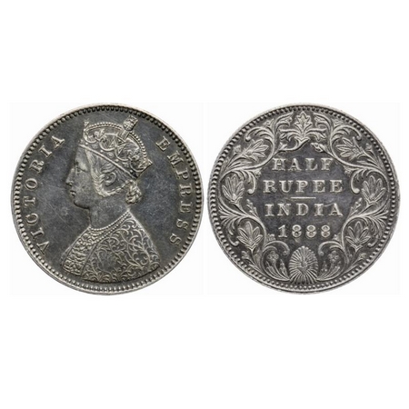 Victoria Empress, Silver, Half Rupee, 1888, Bombay Mint, A/II(i), 'B' raised, Ghost on rev