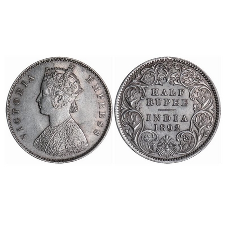 Victoria Empress, Silver, Half Rupee, 1892, Calcutta Mint, A/I, 'C' incused, Die crack on 