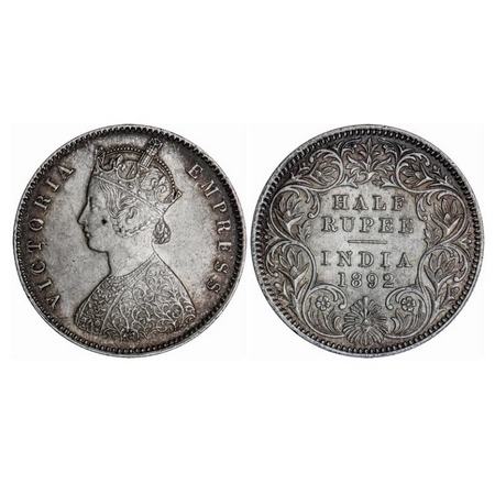 Victoria Empress, Silver, Half Rupee, 1892, Calcutta Mint, A/I, 'C' incused, Ghost on rev.