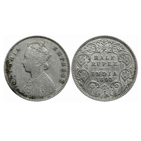Victoria Empress, Silver, Half Rupee, 1893, Calcutta Mint, A/I, 'C' incused. GK 649. Very 