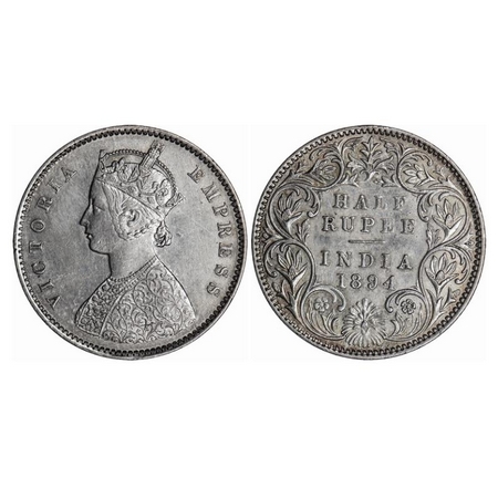 Victoria Empress, Silver, Half Rupee, 1894, Bombay Mint, A/I, 'B' incused. GK 650. Extreme
