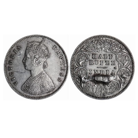 Victoria Empress, Silver, Half Rupee, 1896, Calcutta Mint, A/I, 'C' incused, Die crack on 