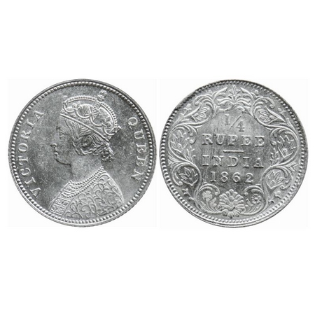 Victoria Queen, Silver, 1/4 Rupee, 1862, Calcutta Mint, A/I. GK 375. Brilliant Uncirculate