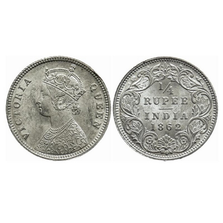 Victoria Queen, Silver, 1/4 Rupee, 1862, Calcutta Mint, A/I, Small cud on the obv rim edge