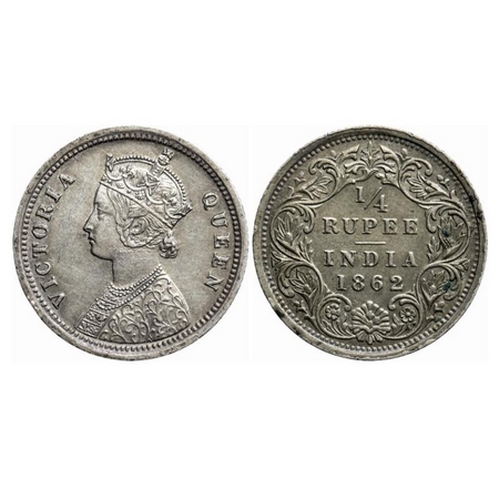 Victoria Queen, Silver, 1/4 Rupee, 1862, Bombay Mint, A/I. GK 377. Extremely Fine. Scarce.
