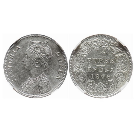 Victoria Queen, Silver, 1/4 Rupee, 1876, Calcutta Mint, A/I, No mint mark, No 'C'. GK 669.