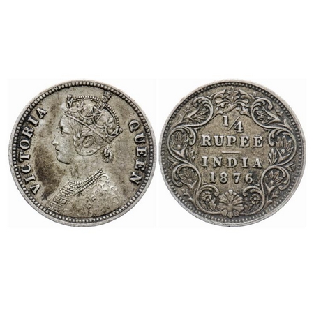 Victoria Queen, Silver, 1/4 Rupee, 1876, Calcutta Mint, A/I, No mint mark, No 'C'. GK 669.