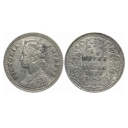 Victoria Empress, Silver, 1/4 Rupee, 1878, Calcutta Mint, C/II, No mint mark, No 'C'. GK 6