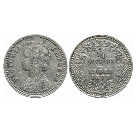 Victoria Empress, Silver, 1/4 Rupee, 1879, Calcutta Mint, C/II, 'C' incused. GK 674. Very 