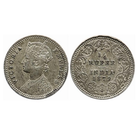 Victoria Empress, Silver, 1/4 Rupee, 1879, Calcutta Mint, C/II, 'C' incused. GK 674. About