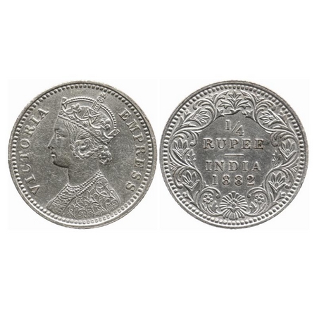 Victoria Empress, Silver, 1/4 Rupee, 1882, Calcutta Mint, C/II, 'C' incused. GK 687. Almos