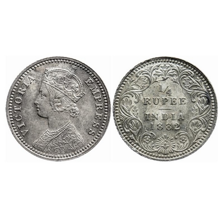 Victoria Empress, Silver, 1/4 Rupee, 1882, Calcutta Mint, C/II, 'C' incused, Ghost on rev.