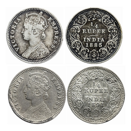 Victoria Empress, Silver, 1/4 Rupee (2 coins), 1885, 1891, Calcutta Mint, C/II, 'C' incuse