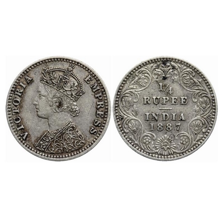 Victoria Empress, Silver, 1/4 rupee, 1887, Bombay Mint, C(i)/II, 'B' raised. GK 708. very 