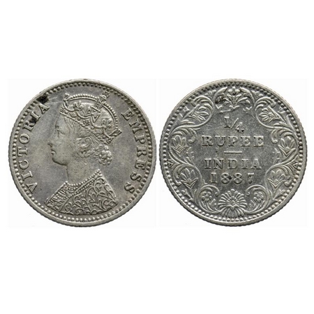 Victoria Empress, Silver, 1/4 rupee, 1887, Bombay Mint, C(i)/II, 'B' raised. GK 708. Extre