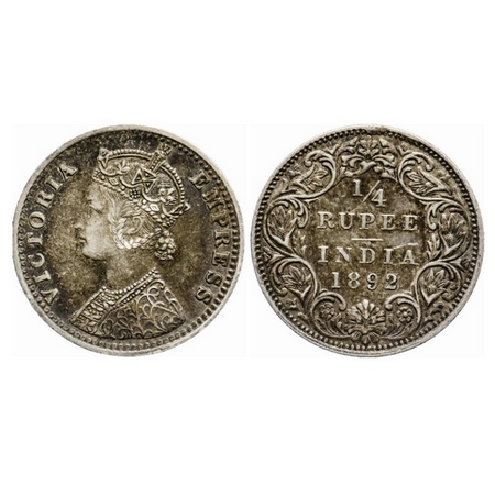 Victoria Empress, Silver, 1/4 Rupee, 1892, Bombay Mint, C(i)/I, 'B' incused. GK 722. About