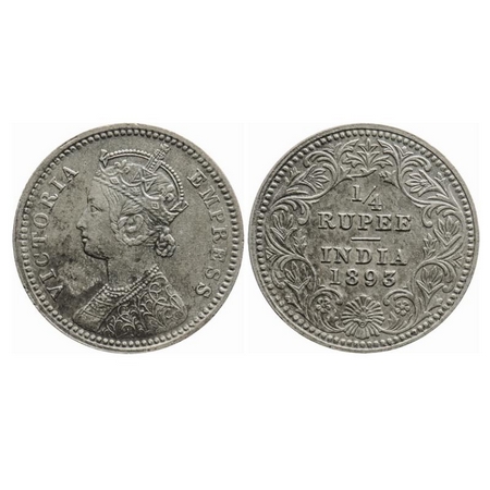 Victoria Empress, Silver, 1/4 Rupee, 1893, Calcutta Mint, C/II, 'C' incused. GK 725. Extre