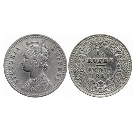 Victoria Empress, Silver, 1/4 Rupee, 1894, Calcutta Mint, C/II, 'C' incused. GK 727. Extre