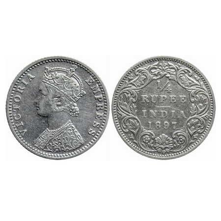 Victoria Empress, Silver, 1/4 Rupee, 1897, Bombay Mint, C(i)/I, 'B' incused. GK 731. Extre