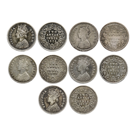Victoria Queen and Empress, Silver, 2 Annas (5 coins), 1874, Bombay Mint, A/I, No mint mar