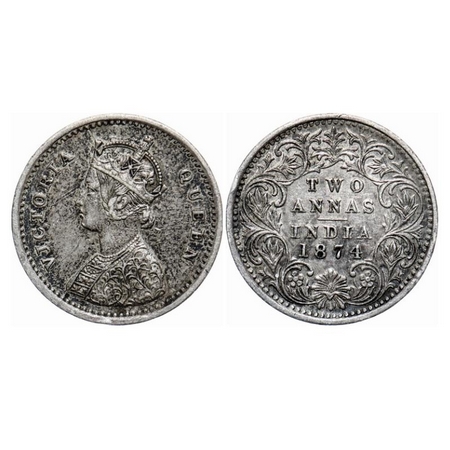 Victoria Queen, Silver, 2 Anna, 1874, Bombay Mint, A/I, No mint mark, No dot. Ghost on rev