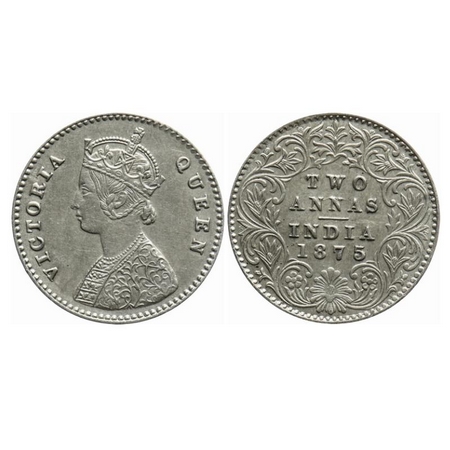 Victoria Queen, Silver, 2 Annas, 1875, Calcutta Mint, A/I, No mint mark, Ghost on rev. GK 