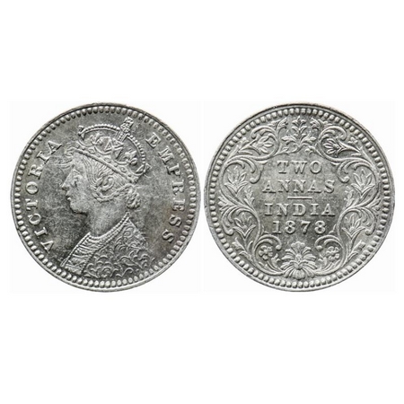 Victoria Empress, Silver, 2 Annas, 1878, Calcutta Mint, B/II, No mint mark, Ghost on obv. 