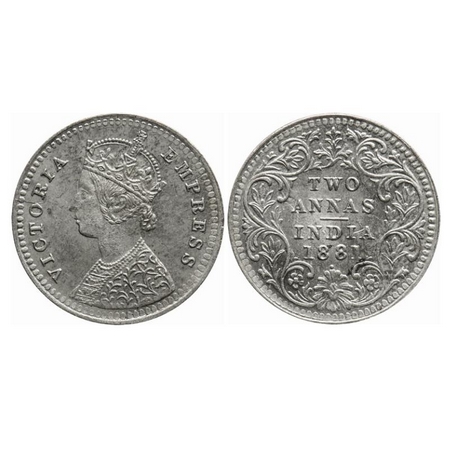Victoria Queen, Silver, 2 Annas, 1881, Bombay Mint, B/II, Dot, Ghost on obv and rev. GK 75