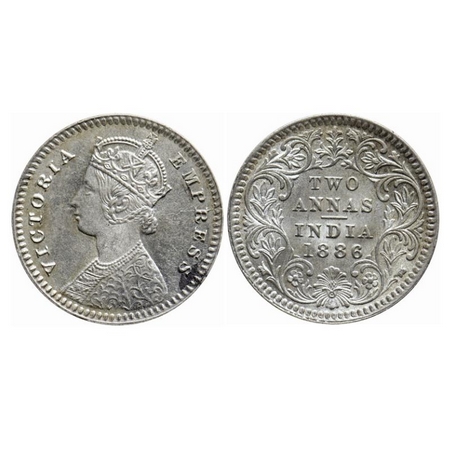 Victoria Empress, Silver, 2 Annas, 1886, Calcutta Mint, B/II, 'C' incused, Die crack on ob