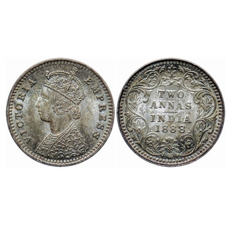 Victoria Empress, Silver, 2 Annas, 1888, Bombay Mint, B/II, 'B' incused, Ghost on obv. GK 