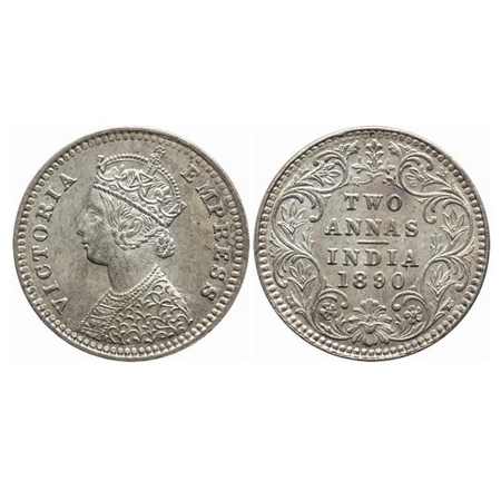 Victoria Empress, Silver, 2 Annas, 1890, Bombay Mint, B/II, 'B' incused, Ghost on obv. GK 