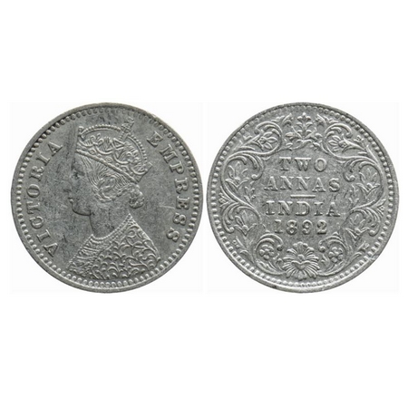 Victoria Queen, Silver, 2 Annas, 1892, Bombay Mint, B/II, 'B' incused. GK 796. Extremely F