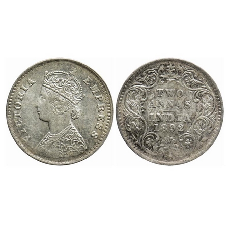 Victoria Empress, Silver, 2 Annas, 1892, Bombay Mint, B/II, 'B' incused. GK 796. Extremely