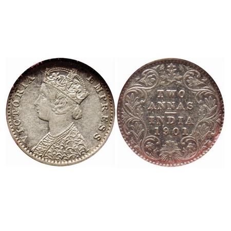 Victoria Empress, Silver, 2 Annas, 1901, Calcutta Mint, B/II, 'C' incused, Die rotation on