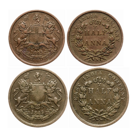 Victoria Queen, Copper, Half Anna (2 coins), 1845, Calcutta Mint, 1) Obv 'A', before 1849,