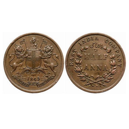 Victoria Queen, Copper, Half Anna, 1845, Calcutta Mint, Obv 'B', after 1849. GK 145. Very 