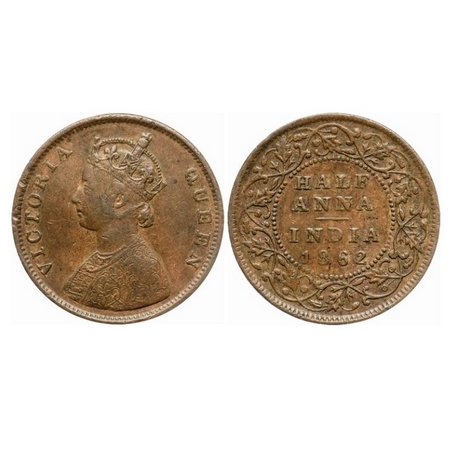 Victoria Queen, Copper, Half Anna, 1862, Madras Mint, A/I, Smugged type flowers. GK 390. V