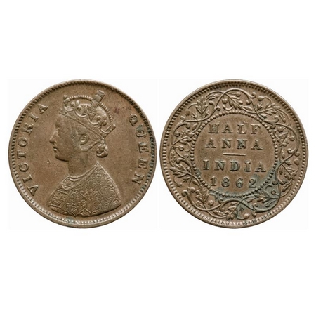 Victoria Queen, Copper, Half Anna, 1862, Madras Mint, A/I. GK 390. Very Fine+. Scarce.