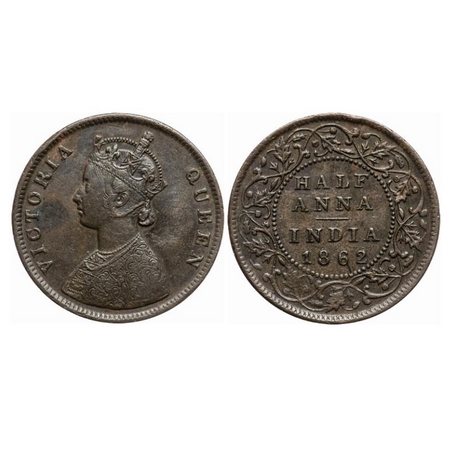 Victoria Queen, Copper, Half Anna, 1862, Madras Mint, A/I(i), flowers with Five dots aroun