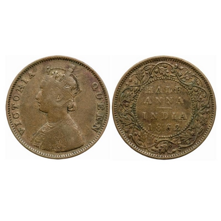 Victoria Queen, Copper, Half Anna, 1862, Bombay Mint, A/I, Smuged Type flowers. GK 392. Ve