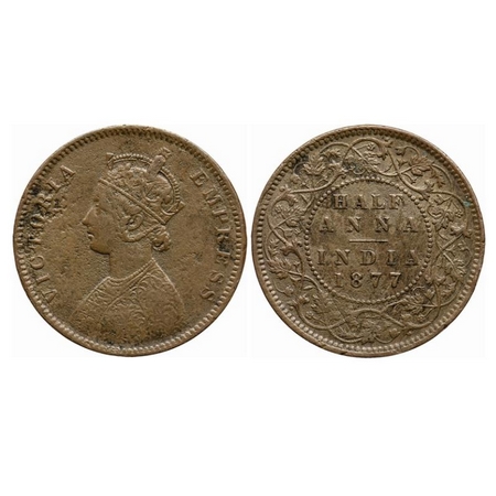 Victoria Empress, Copper, Half Anna, 1877, Bombay Mint, B/II. GK 820. Fine+, Harshly Clean