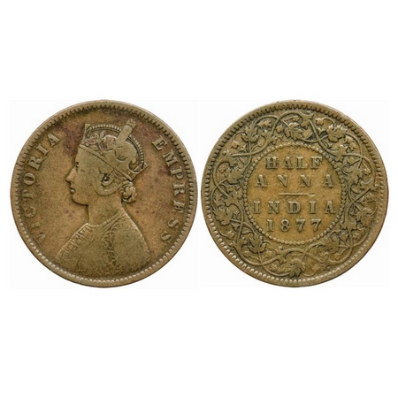 Victoria Empress, Copper, Half Anna, 1877, Calcutta Mint, C/II, Numeral '77' broad. GK 821