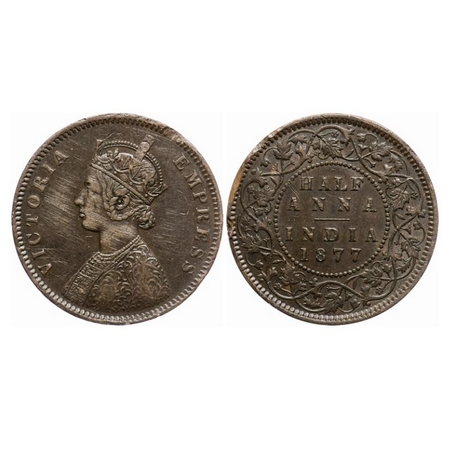 Victoria Empress, Copper, Half Anna, 1877, Calcutta Mint, C/II, Numeral '77' broad, Nick o