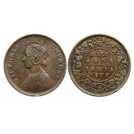 Victoria Empress, Copper, Half Anna, 1877, Calcutta Mint, C/II, Numeral '77' Broad, Nick o