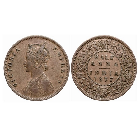 Victoria Empress, Copper, Half Anna, 1877, Calcutta Mint, C/II, Numeral '77' broad. GK 821