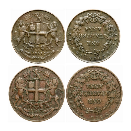 Victoria Queen, Copper, Quarter Anna (2 coins), 1857, Single Leaf and Two Leaves, R. Heato