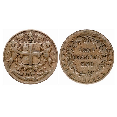 Victoria Queen, Copper, Quarter Anna, 1857, R. Heaton & Sons, Birmingham Mint, Two leaves,